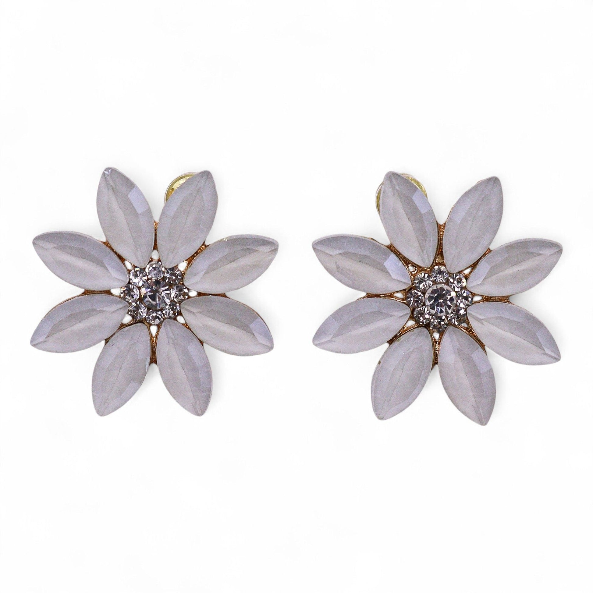 Delicate vintage-style glass flower earrings with soft pearl centres on polished stainless steel hooks.