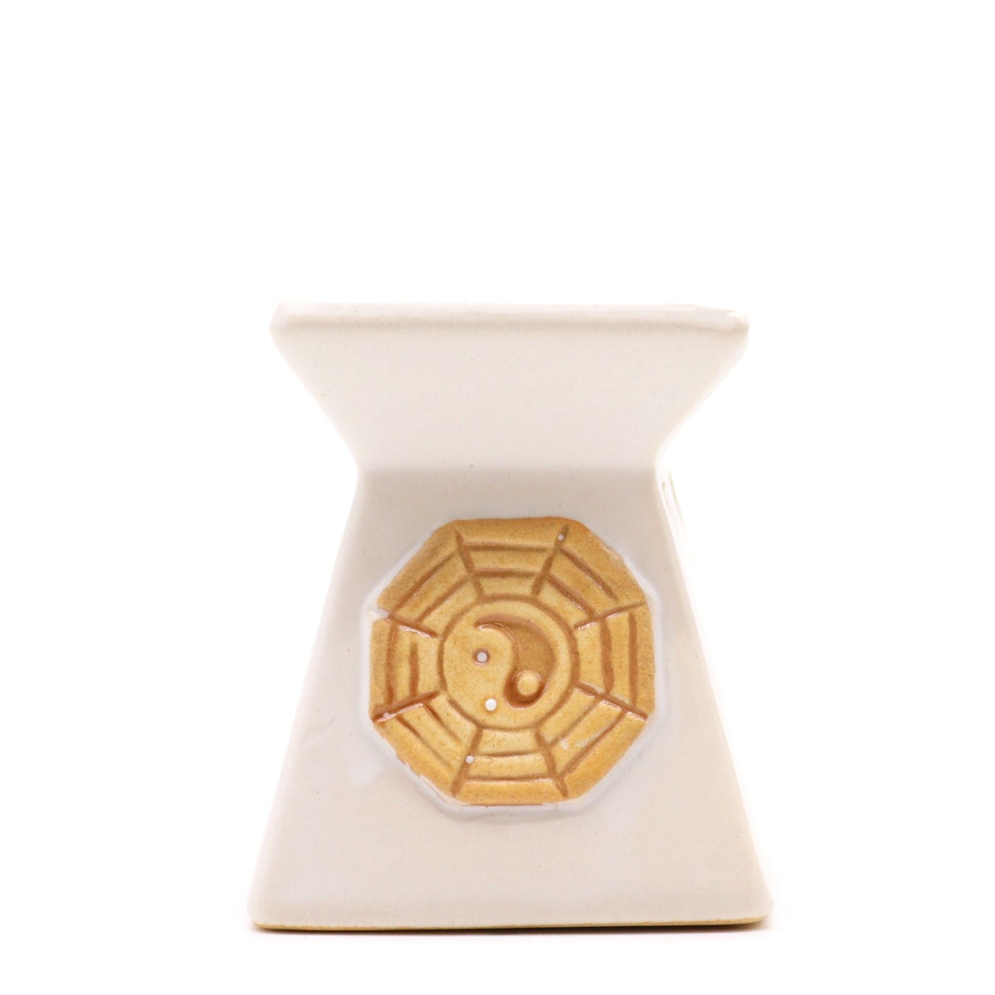 Two-piece interlocking ceramic oil burner in a rustic terracotta finish with a minimalist Yin Yang design.