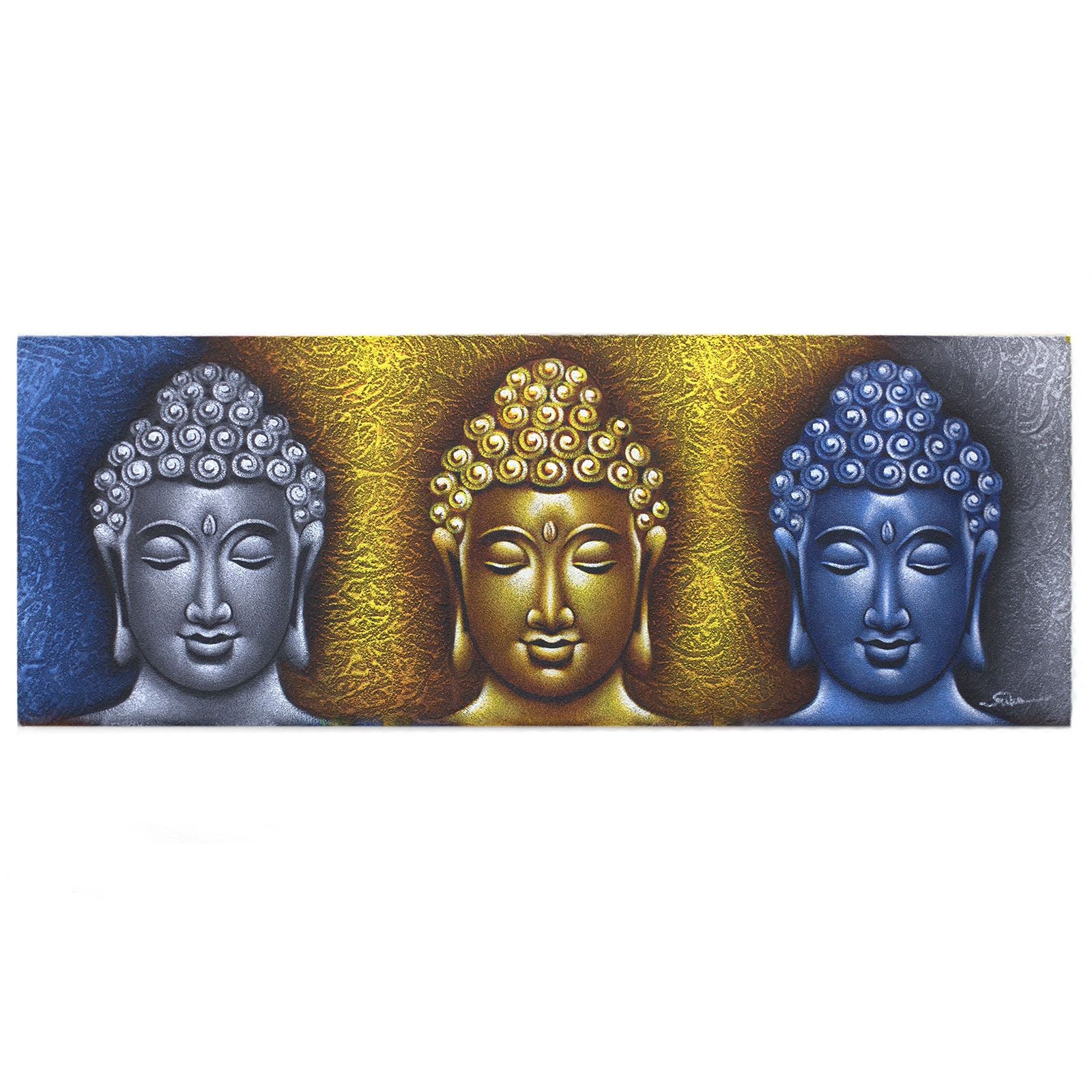 Handmade canvas painting depicting three Buddha heads with elegant gold detailing on a natural wooden frame.