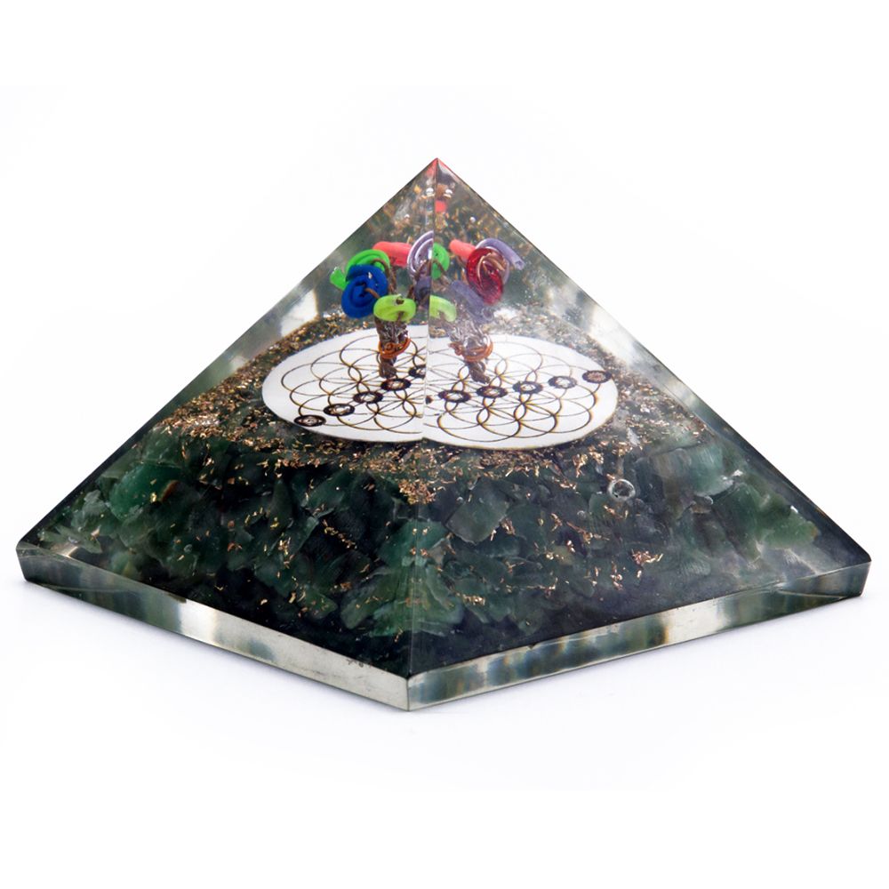 70mm Orgonite pyramid with green aventurine crystals and a golden Flower of Life symbol embedded in clear resin.