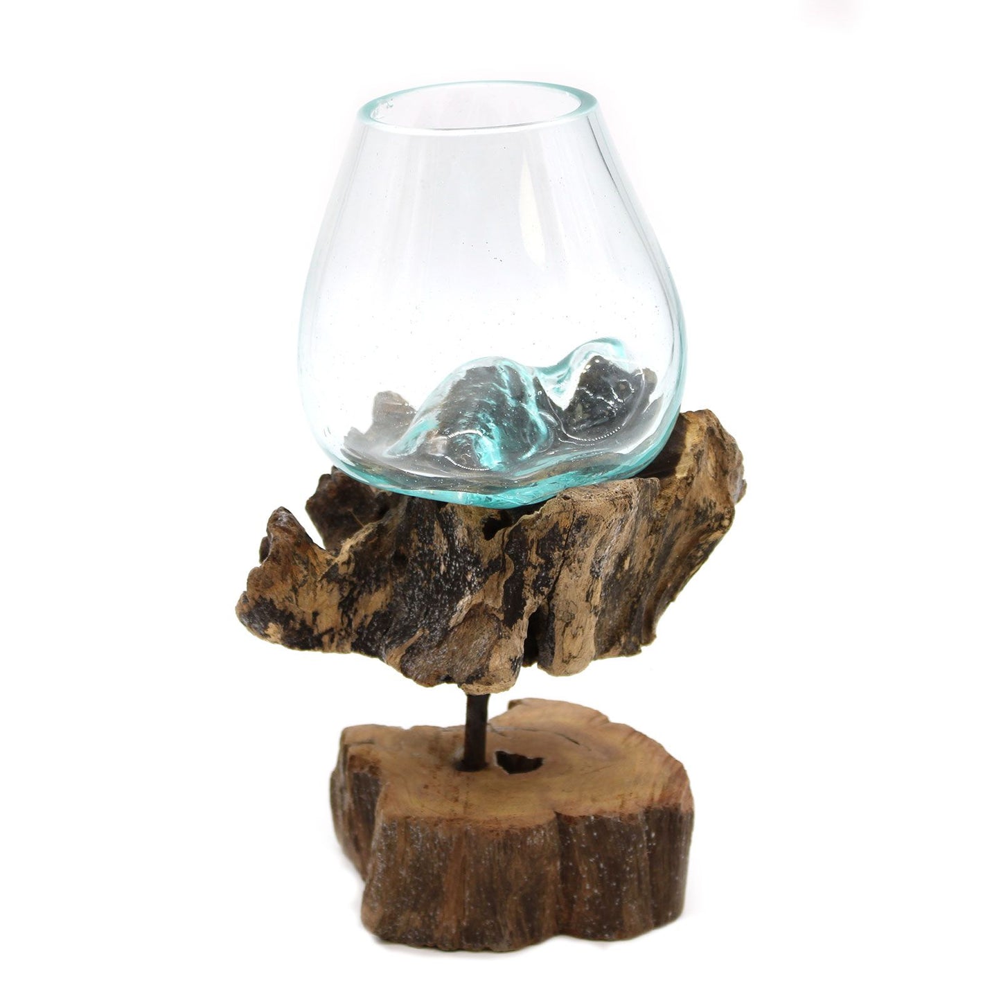 Hand-blown molten glass bowl slumped over a natural teak wood root base supported by a black metal stand.