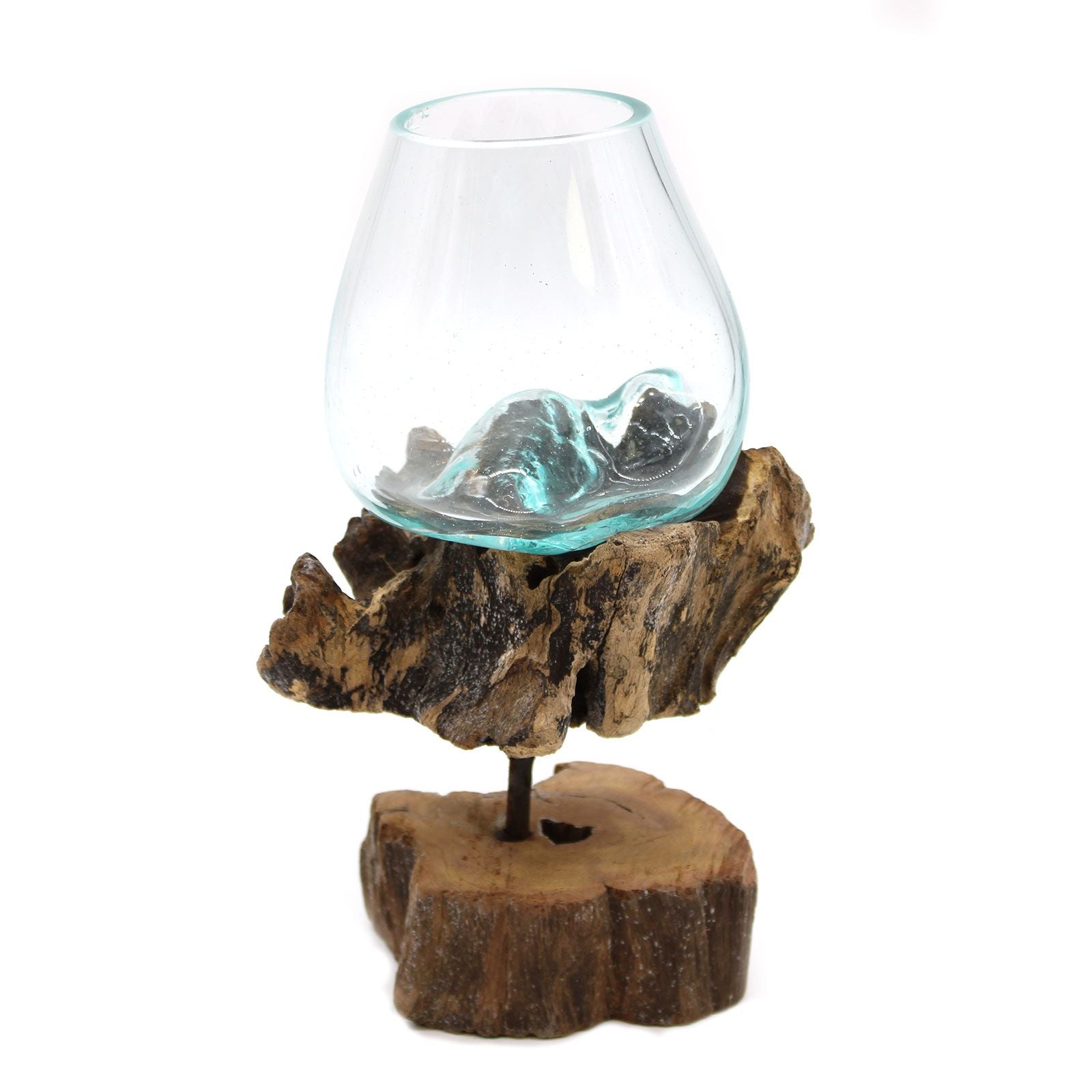 Hand-blown molten glass bowl slumped over a natural teak wood root base supported by a black metal stand.