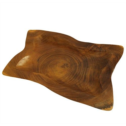 Hand-carved square teak wood plate with natural grain and unique rustic texture.