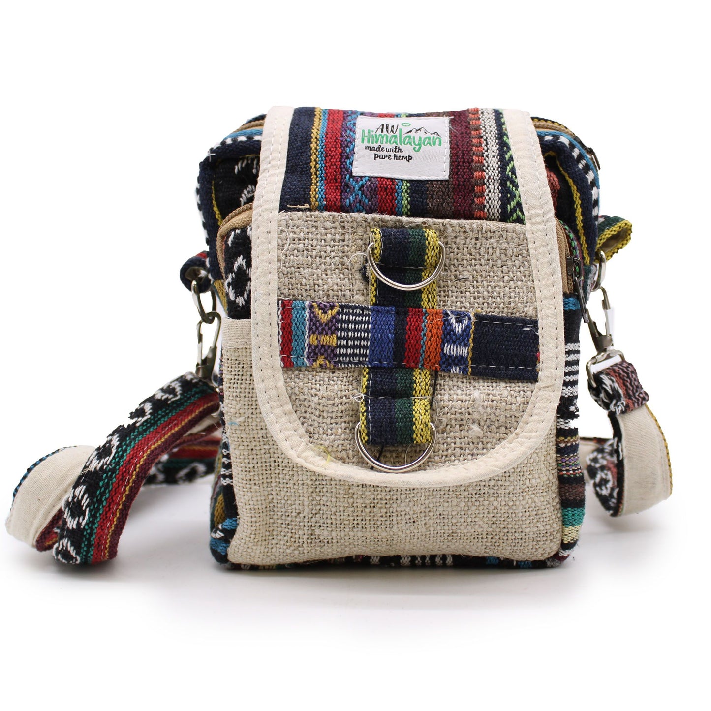 Natural hemp cross-body travel bag with intricate Jhari woven patterns and a durable shoulder strap.