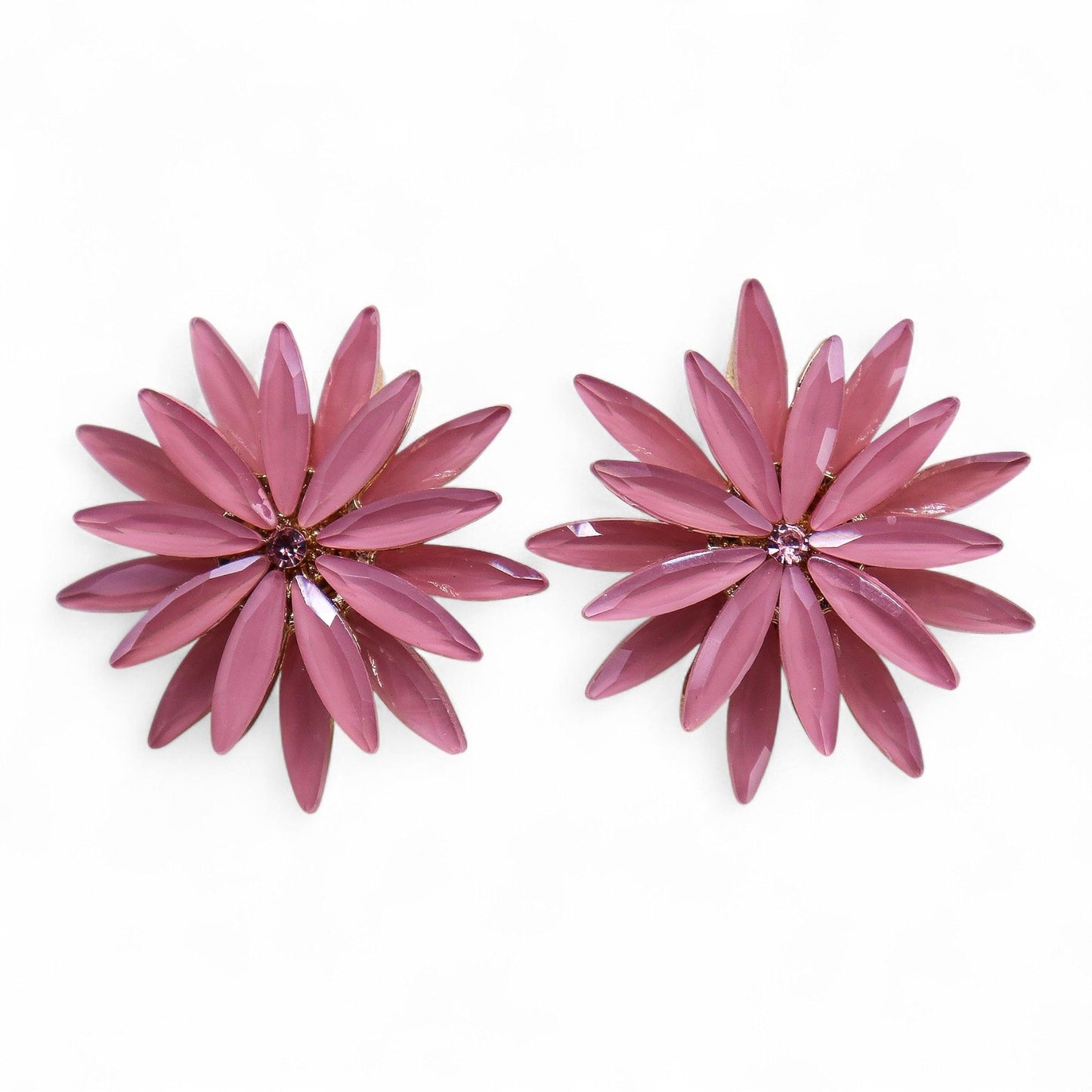 Delicate soft pink vintage glass flower earrings with translucent petals and polished stainless steel frames.