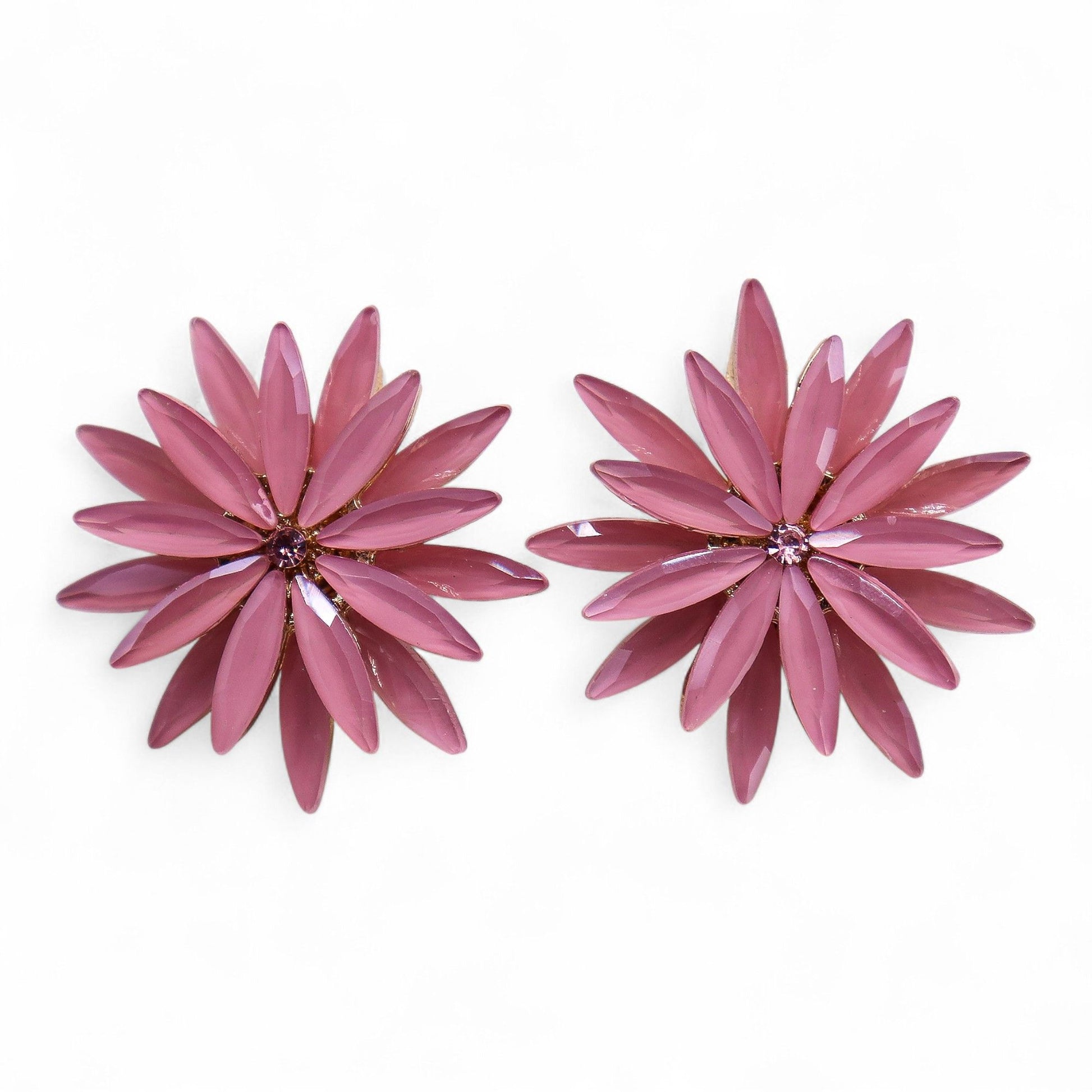 Delicate soft pink vintage glass flower earrings with translucent petals and polished stainless steel frames.