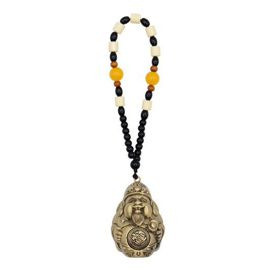 Traditional red and gold Feng Shui hanging featuring the God of Wealth figure with prosperity symbols and decorative tassels.