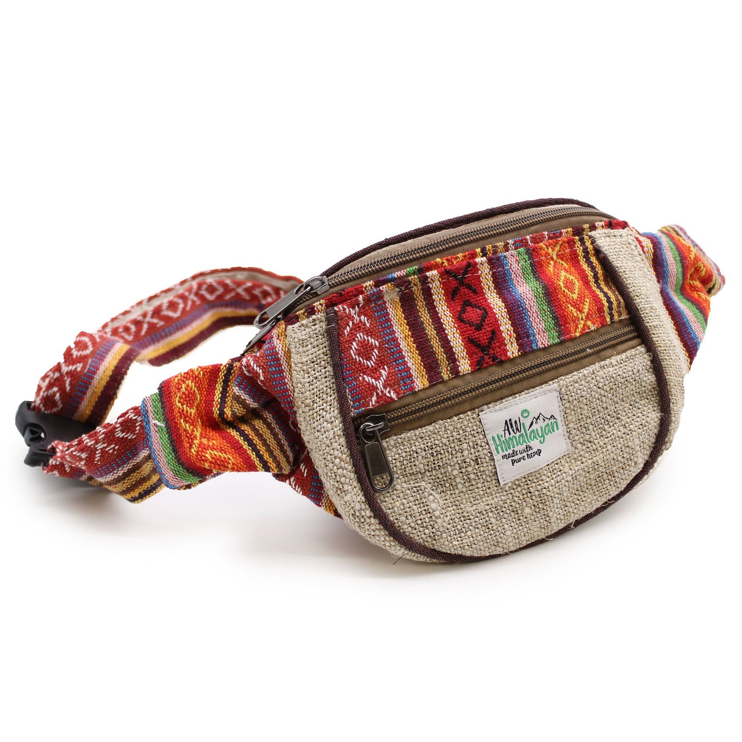 Handmade hemp and cotton bum bag with a durable zipper and adjustable strap in a natural textured finish.