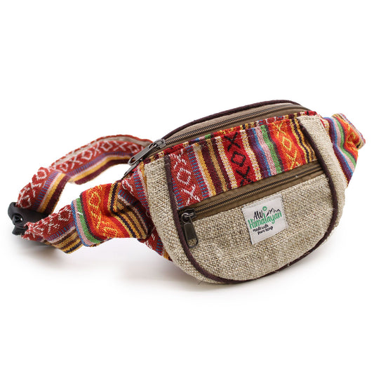Handmade hemp and cotton bum bag with a durable zipper and adjustable strap in a natural textured finish.