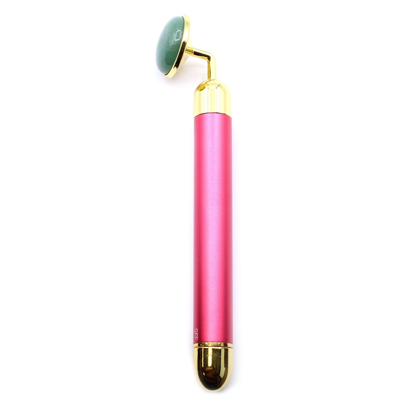 Electric vibrating facial massage tool featuring a smooth green jade stone pad and a sleek ergonomic handle.