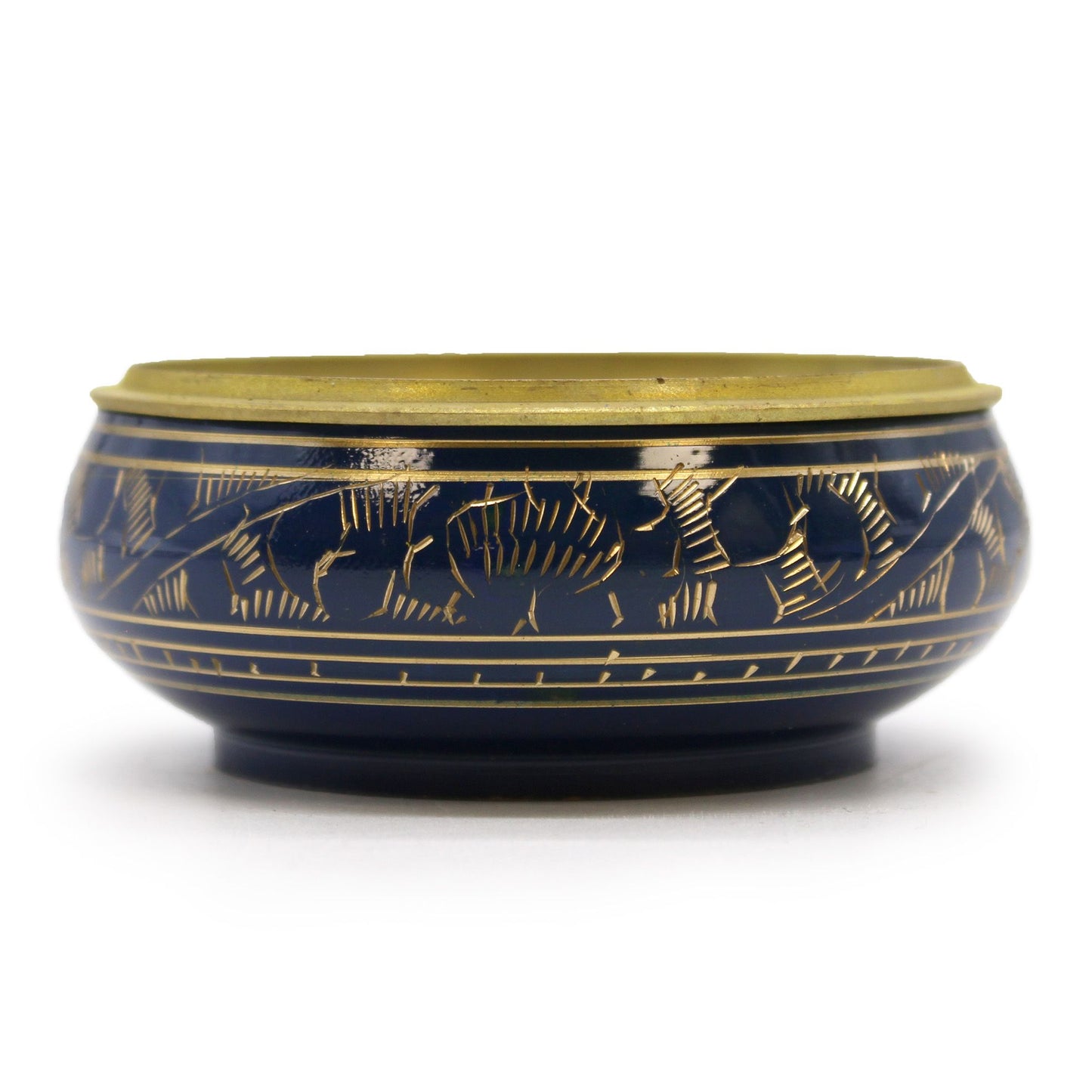 Dark blue ceramic incense jar with golden patterns and a metal grate for charcoal and resin.