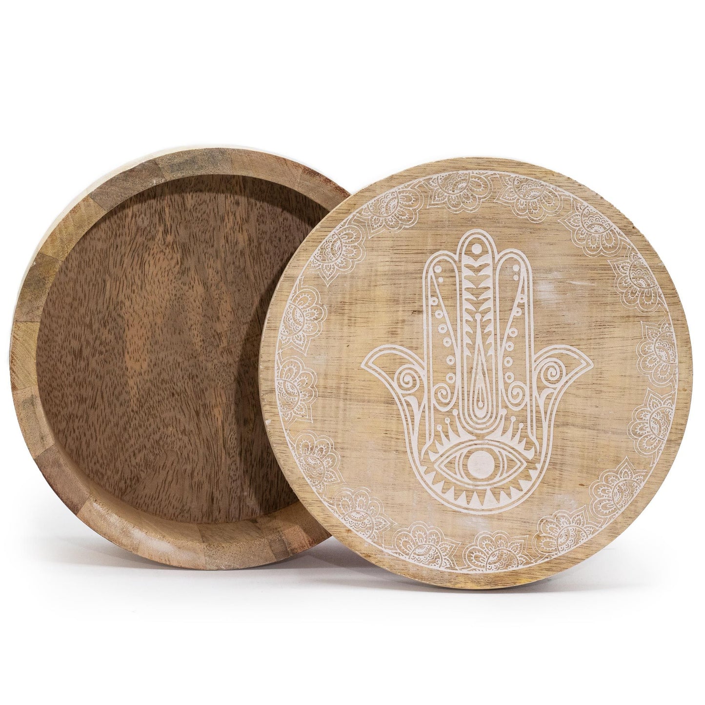 Large circular whitewashed wooden box featuring an intricate carved Hamsa hand design on the lid.