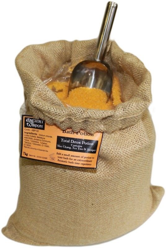 Large rustic hessian sack filled with 7kg of mineral bath salts for aromatherapy detox soaks.
