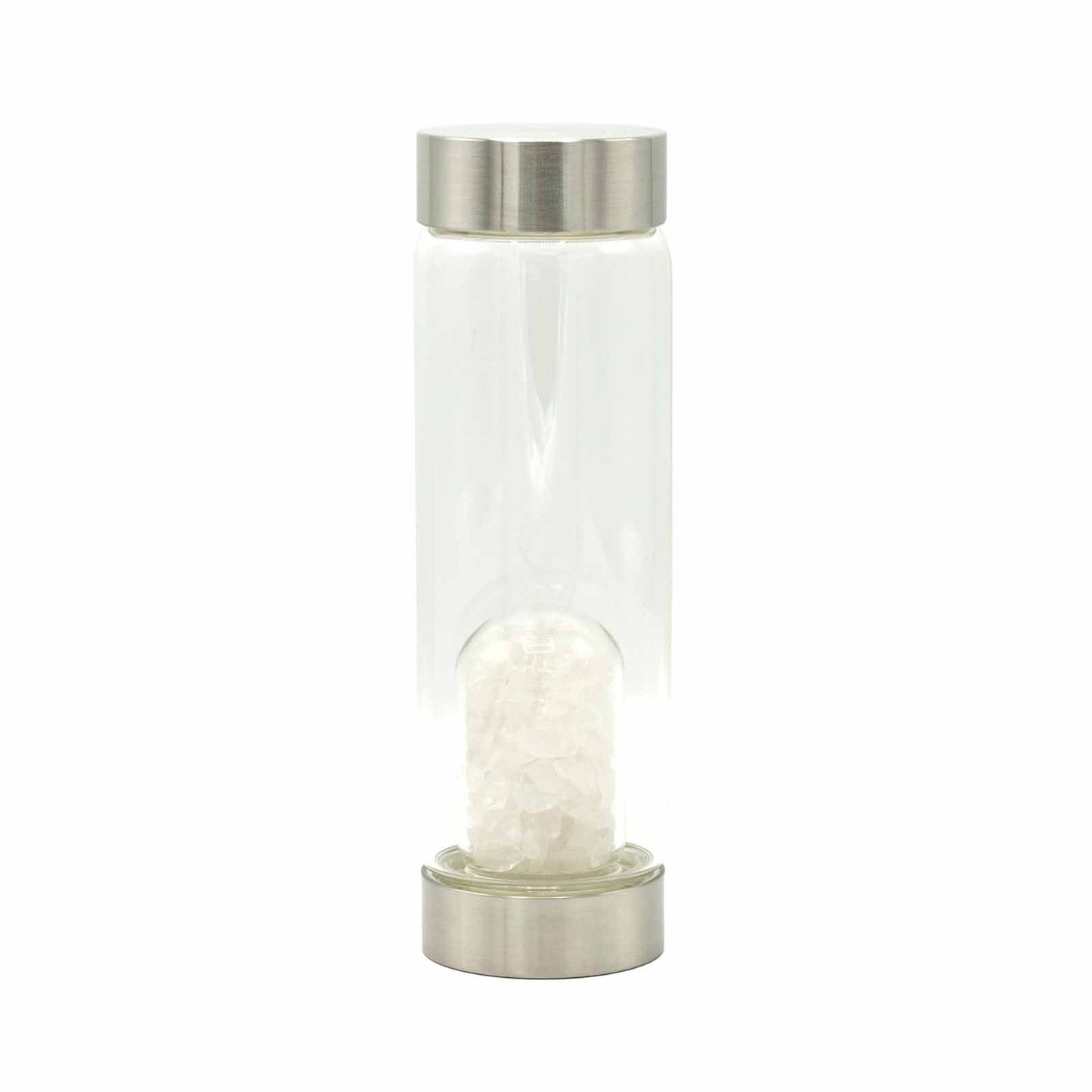 Eco-friendly glass water bottle featuring a base filled with small clear quartz crystal chips.