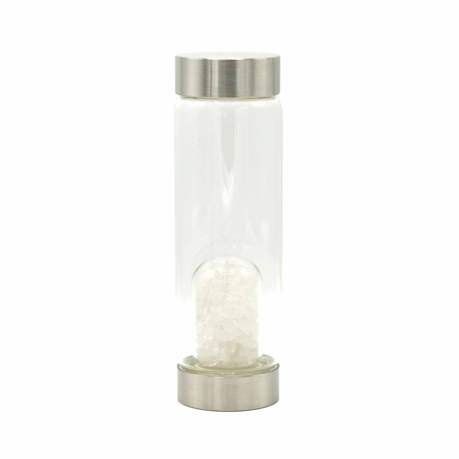 Eco-friendly glass water bottle featuring a base filled with small clear quartz crystal chips.