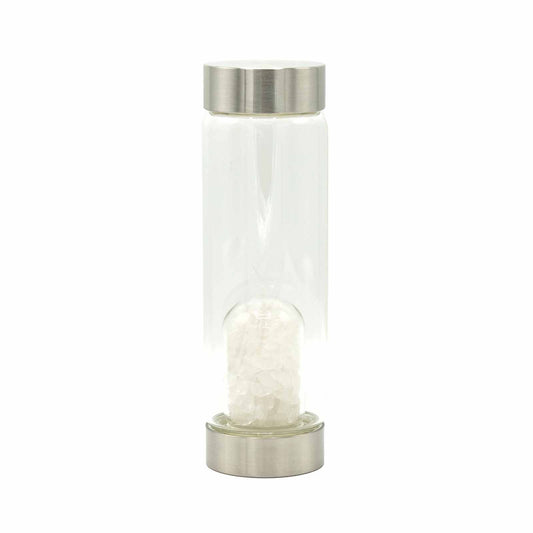 Eco-friendly glass water bottle featuring a base filled with small clear quartz crystal chips.