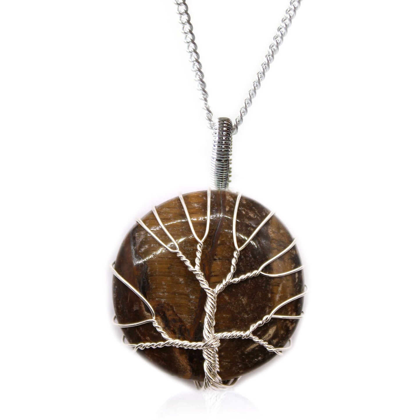 Tiger eye gemstone pendant featuring a silver-coloured wire-wrapped Tree of Life design on a matching chain.