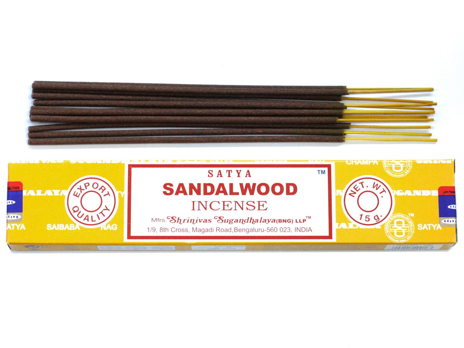Hand-rolled sandalwood incense sticks in a 15g pack showing a natural woody texture.