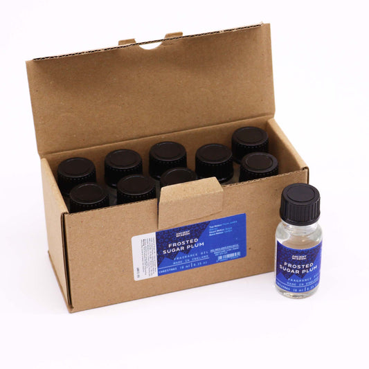 Small 10ml glass bottle of frosted sugar plum fragrance oil with a decorative label.