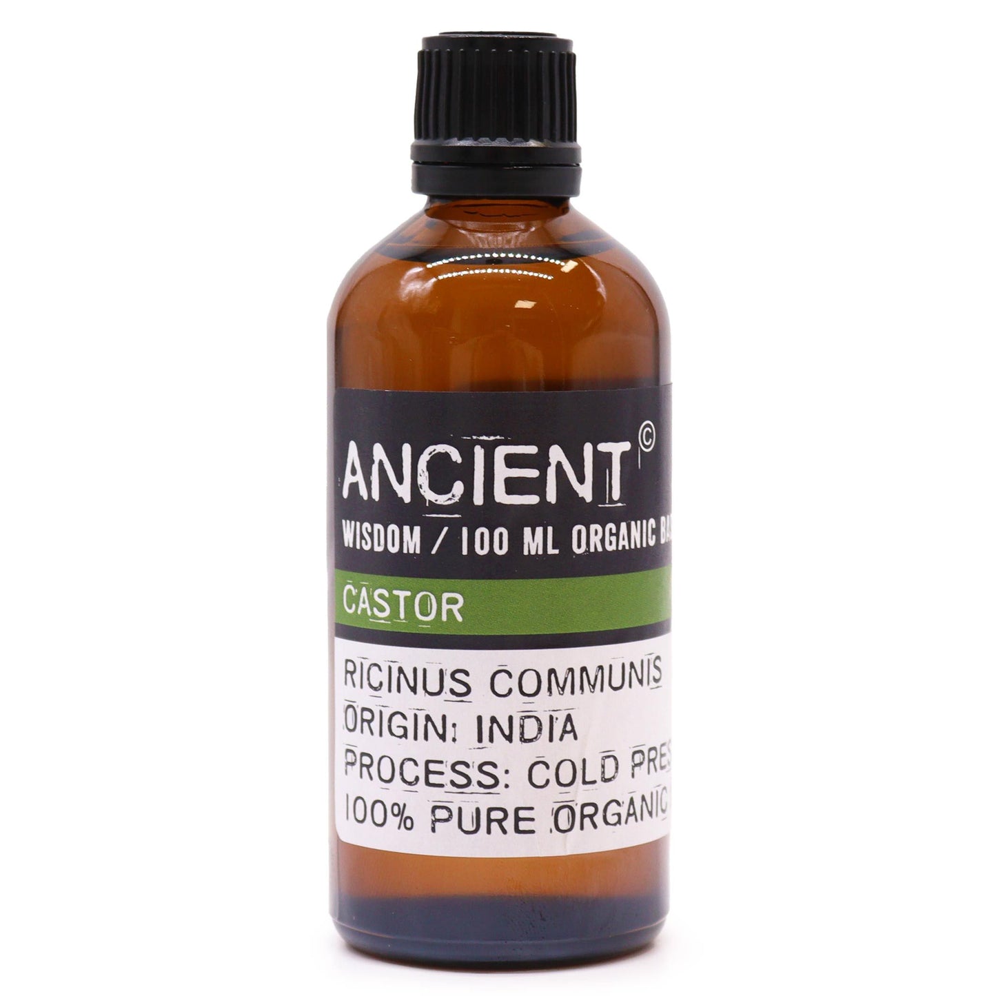 Clear 100ml bottle of golden organic castor oil with a minimalist label on a clean white background.