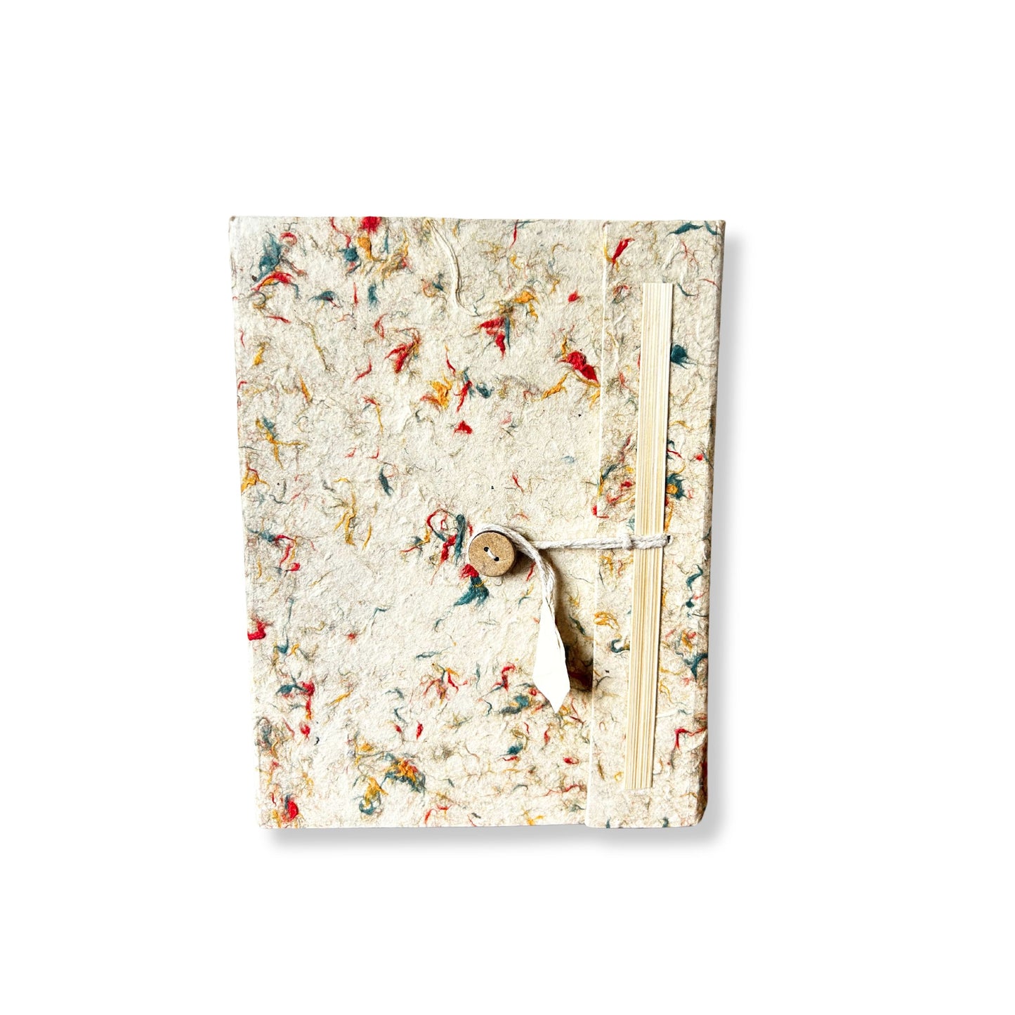 Handmade medium Lokta paper notebook with a natural patterned cover and mixed coloured cotton fibres.