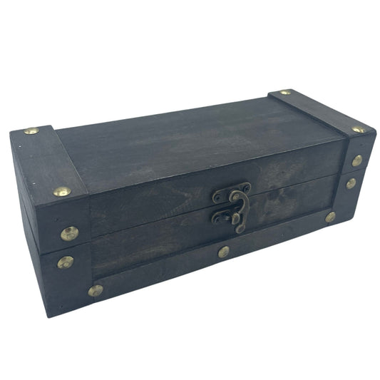 Long rectangular grey wooden tea chest with a vintage finish and internal compartments for tea bag organisation.