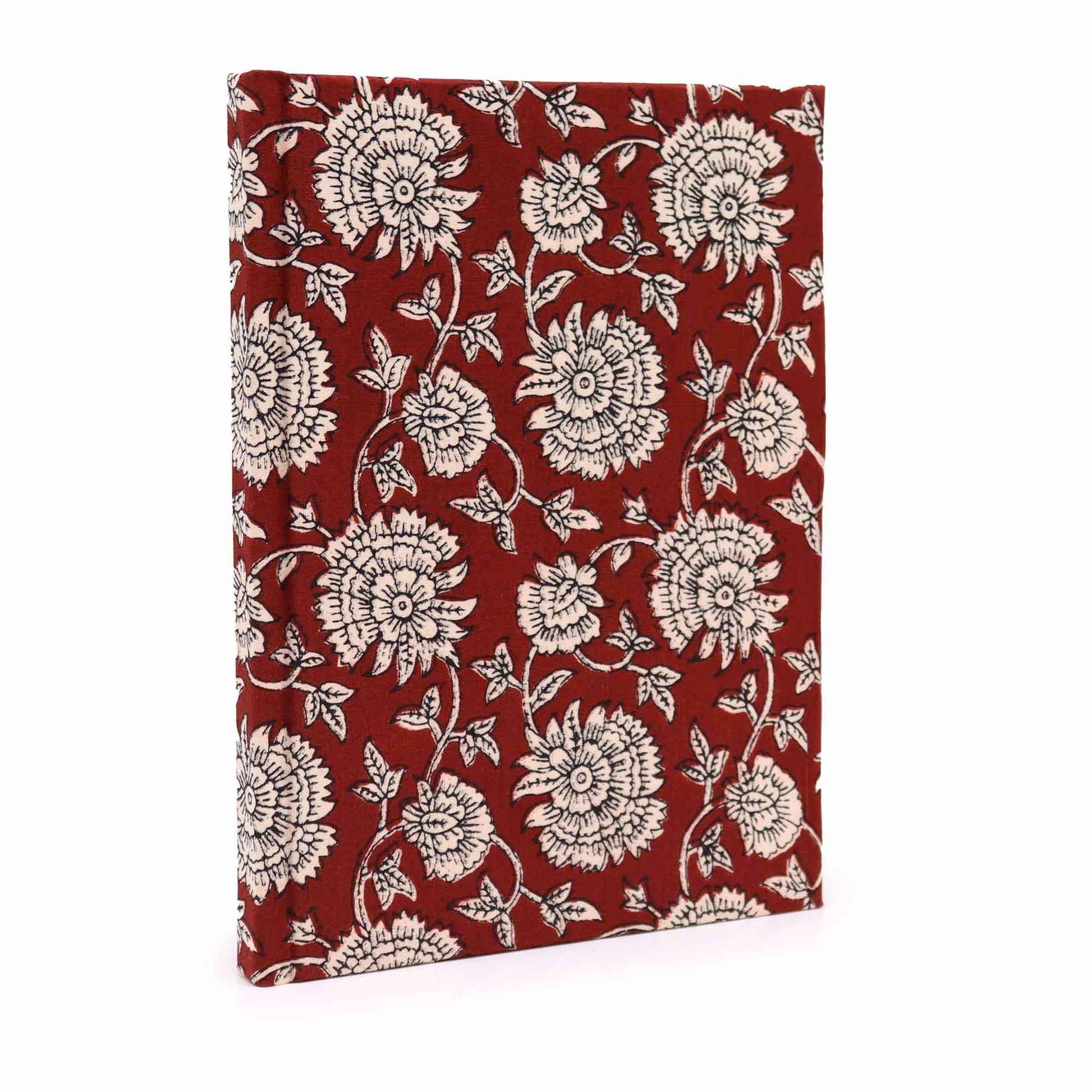 Handcrafted cotton bound notebook featuring a rich burgundy floral pattern with 96 pages.