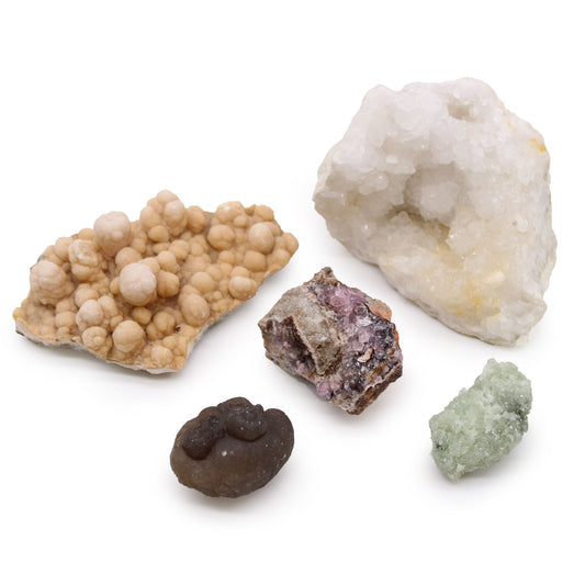 A diverse collection of five authentic raw mineral specimens in various shapes, colours, and crystal formations.