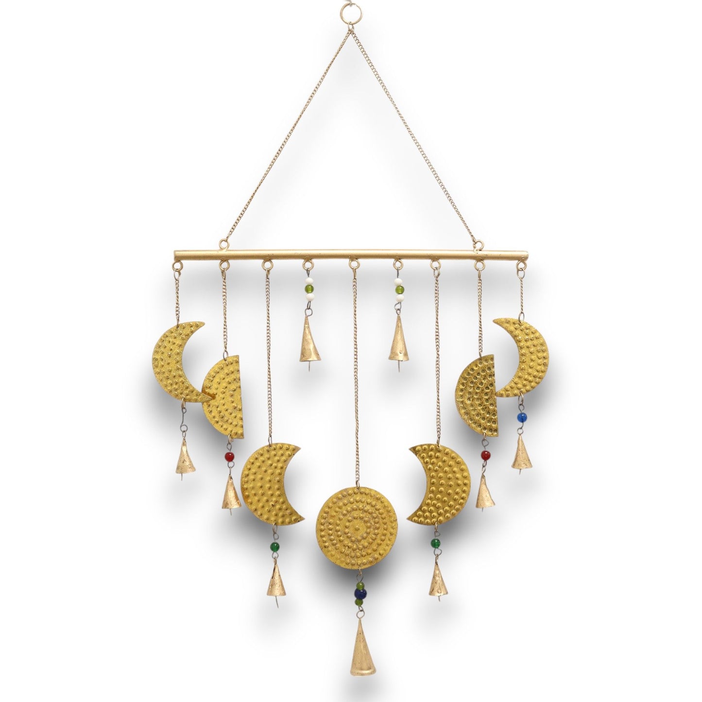 Intricate brass wall hanging depicting the phases of the moon with small decorative bells.