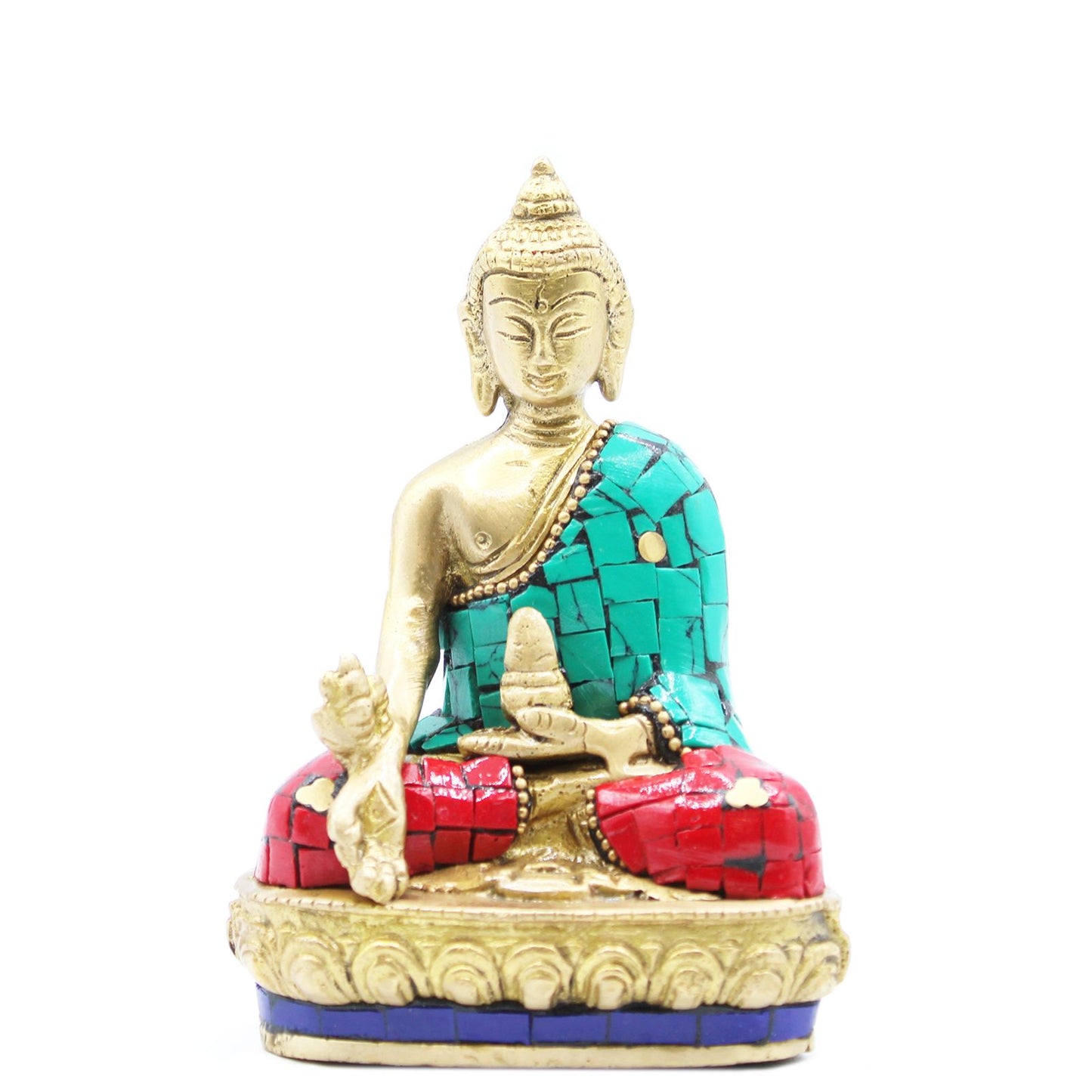 Polished brass Buddha statue in a sitting position with hands resting down, 11.5cm tall.