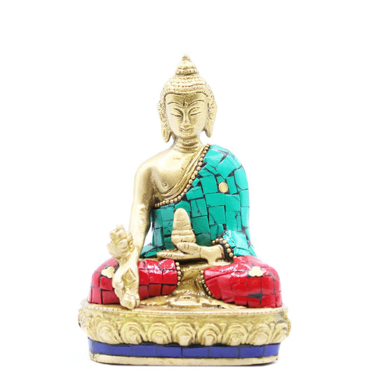 Polished brass Buddha statue in a sitting position with hands resting down, 11.5cm tall.
