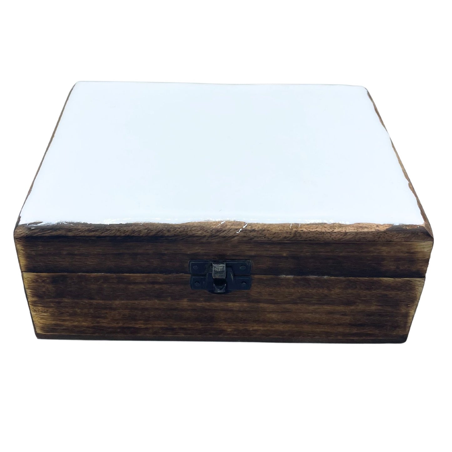 Large rectangular white wooden box featuring a smooth ceramic glazed lid with a minimalist finish.