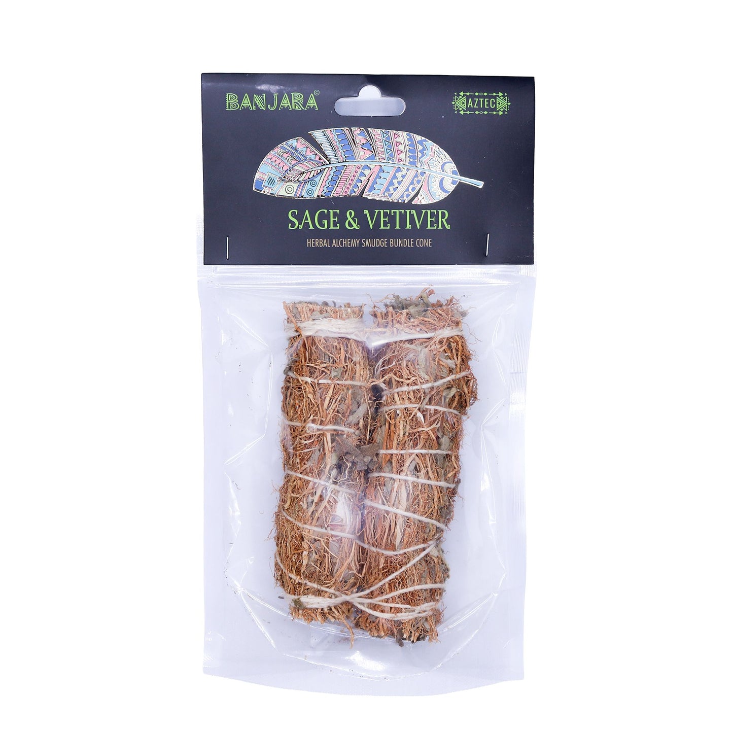 Handcrafted smudge stick bundle featuring dried sage leaves and vetiver root tied with string.