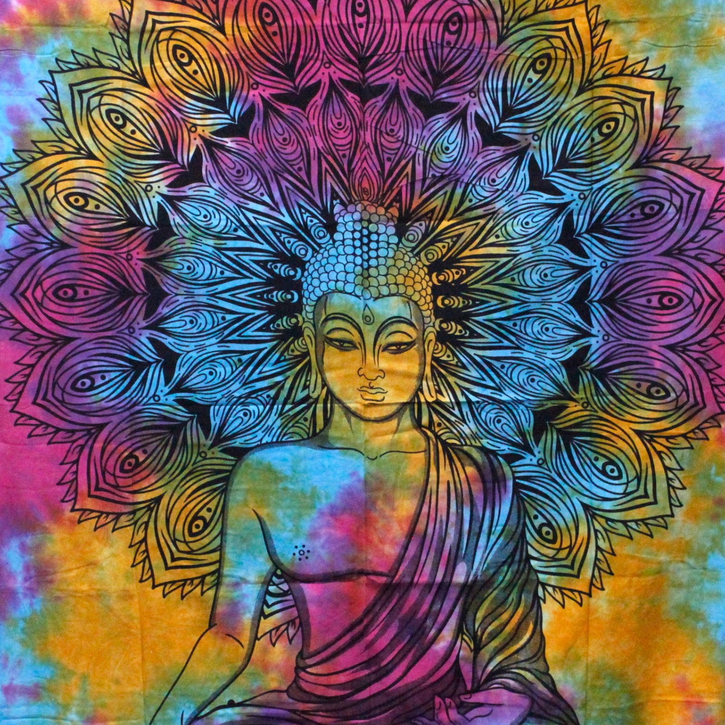 Large blue and white cotton bedspread featuring a detailed serene seated Buddha design with traditional Indian patterns.