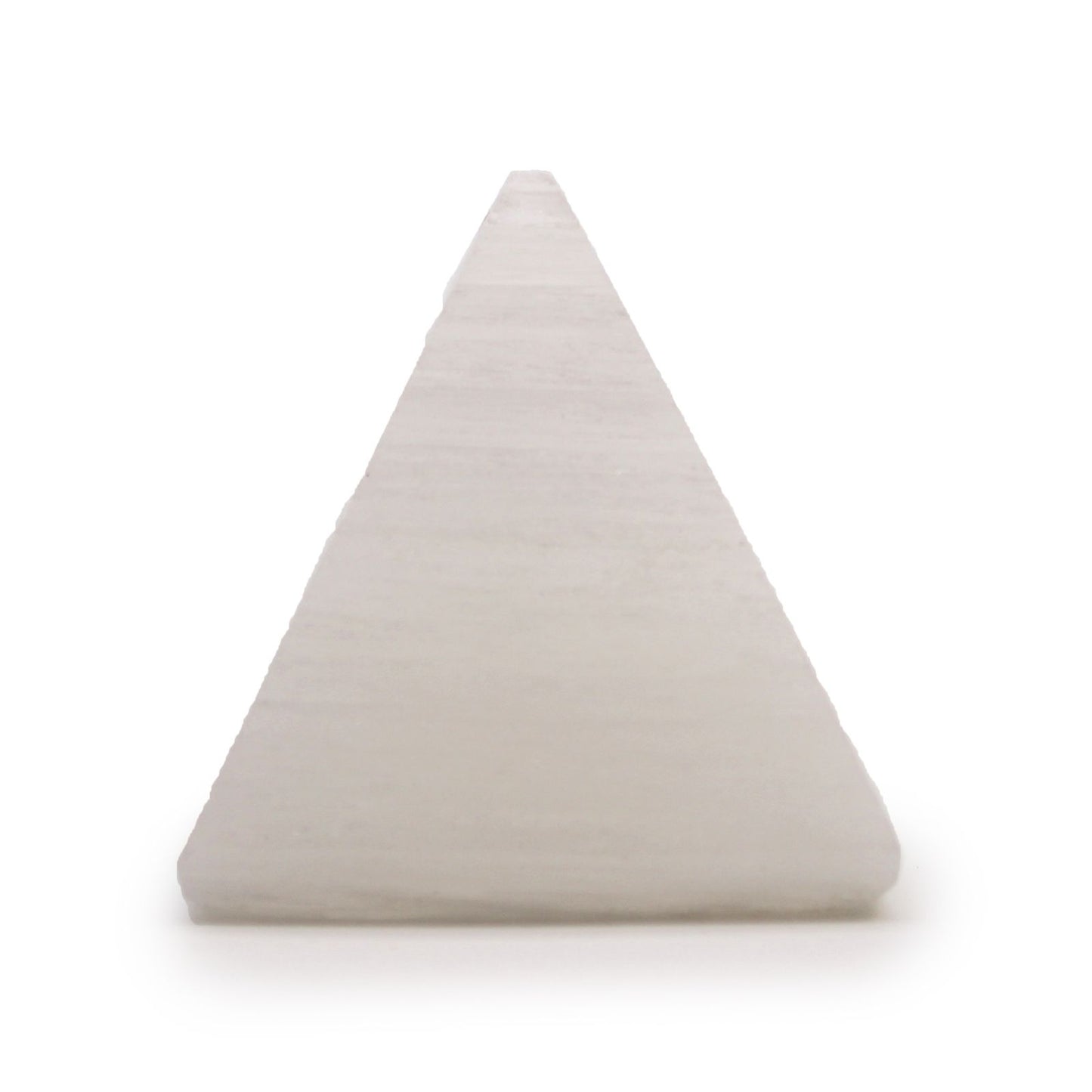 A smooth, milky white selenite crystal carved into a precise 5cm pyramid shape with a characteristic pearly sheen.