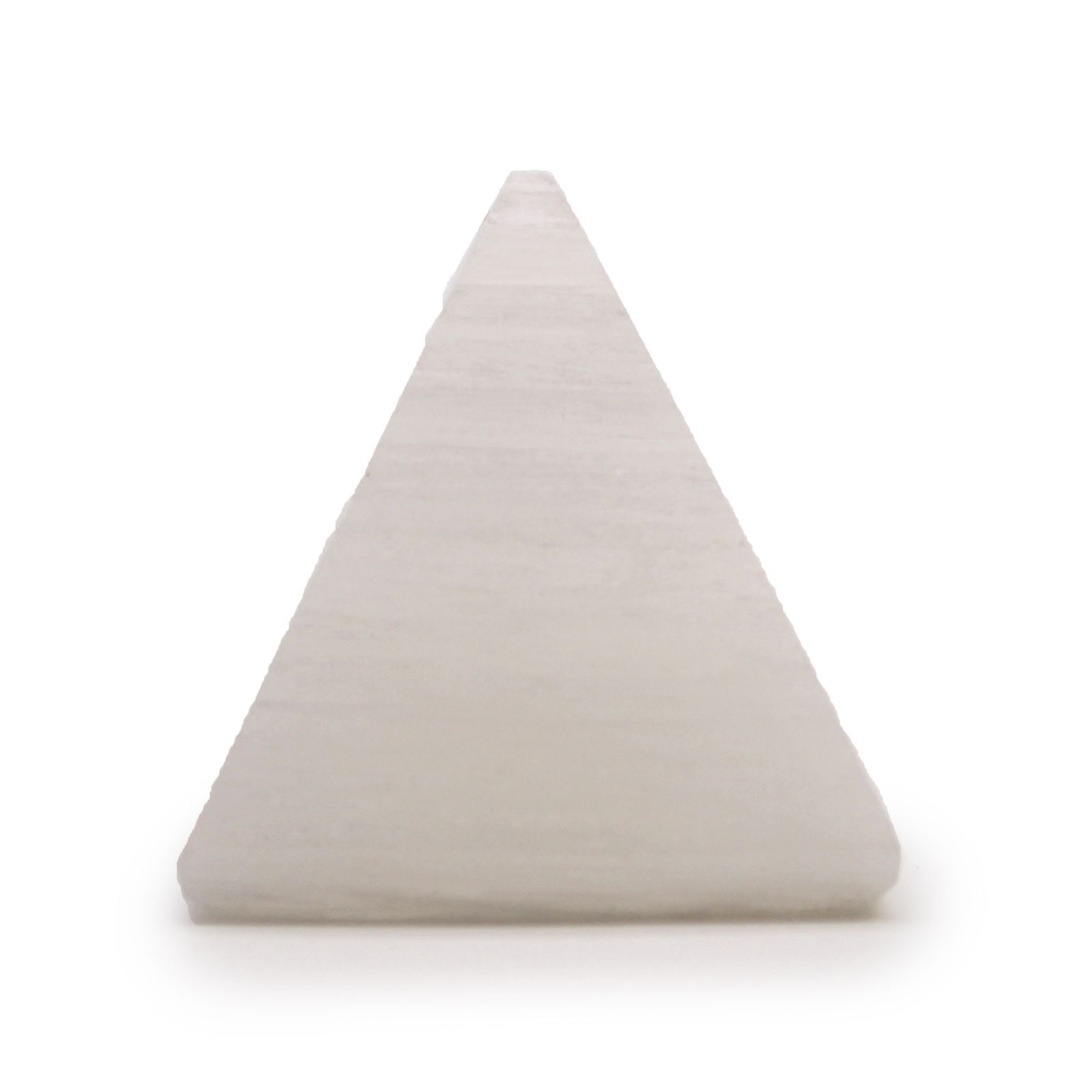 A smooth, milky white selenite crystal carved into a precise 5cm pyramid shape with a characteristic pearly sheen.