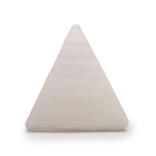A smooth, milky white selenite crystal carved into a precise 5cm pyramid shape with a characteristic pearly sheen.