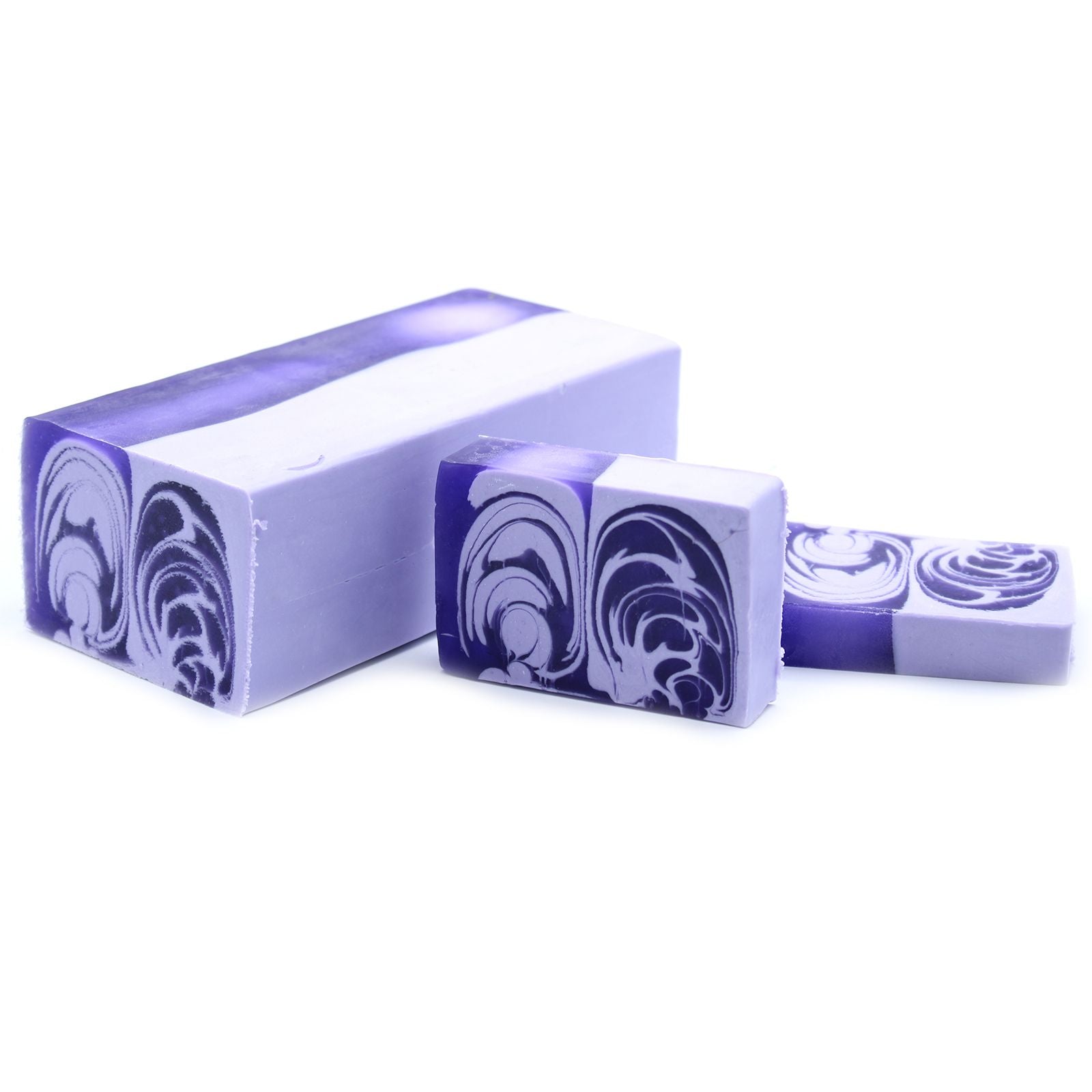 Large rectangular handcrafted soap loaf with a soft lilac purple colour and textured top.