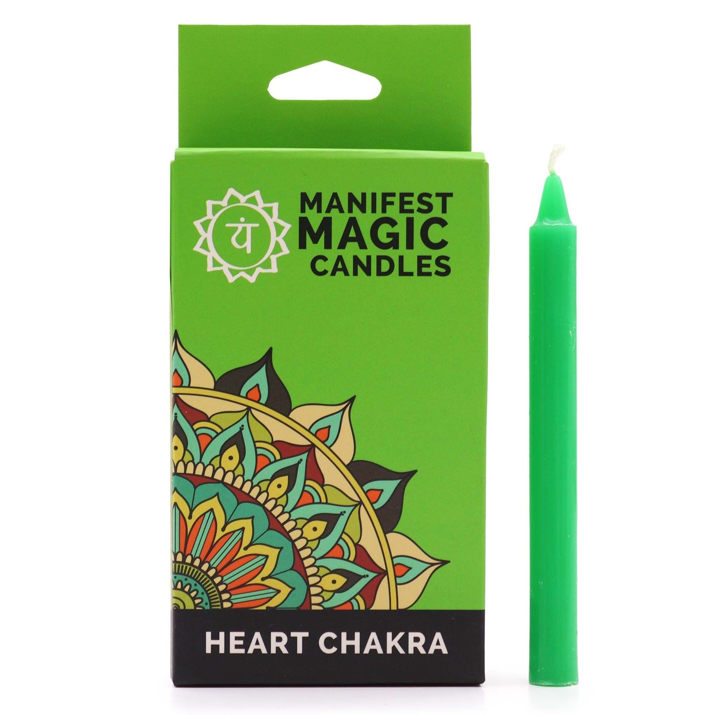 Pack of twelve slender green ritual candles for Heart Chakra meditation and manifestation practices.