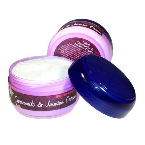 A 100ml clear jar filled with smooth white cream, labelled Chamomile & Jasmine.