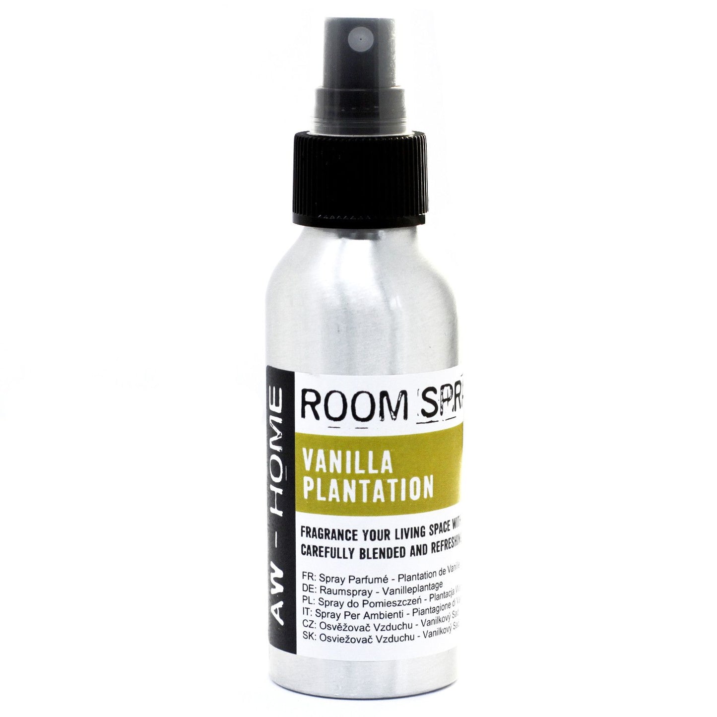 A 100ml aluminium bottle of vanilla scented room spray on a neutral background.