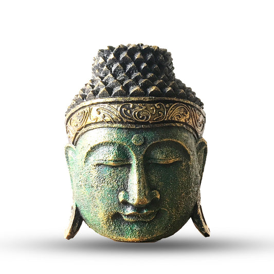 Handcrafted Buddha head statue with a vibrant green glossy finish and serene facial expression, 25cm tall.