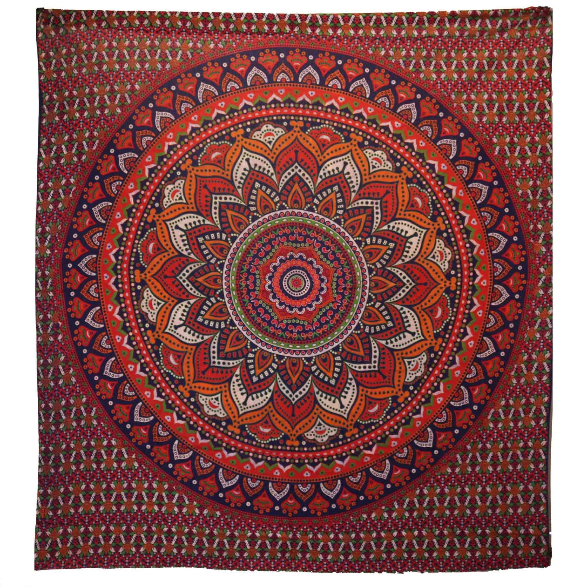 A double cotton bedspread and wall hanging featuring a classic mandala pattern in vibrant orange and blue hues.