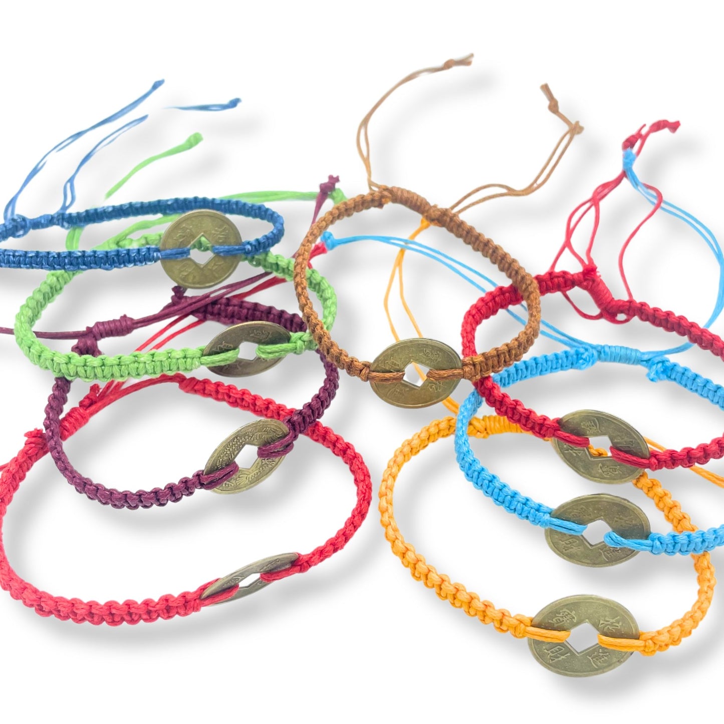 Handmade woven friendship bracelet featuring a traditional Chinese Feng Shui coin with a square centre hole.