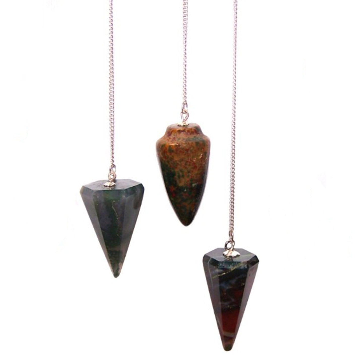 Deep green bloodstone gemstone pendulum with red flecks hanging from a silver-tone chain.