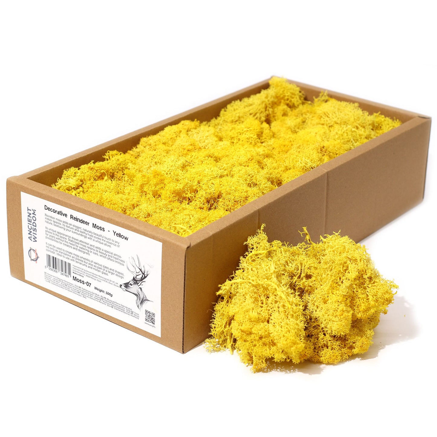 Vibrant yellow preserved reindeer moss with a soft, natural texture for decorative arrangements.