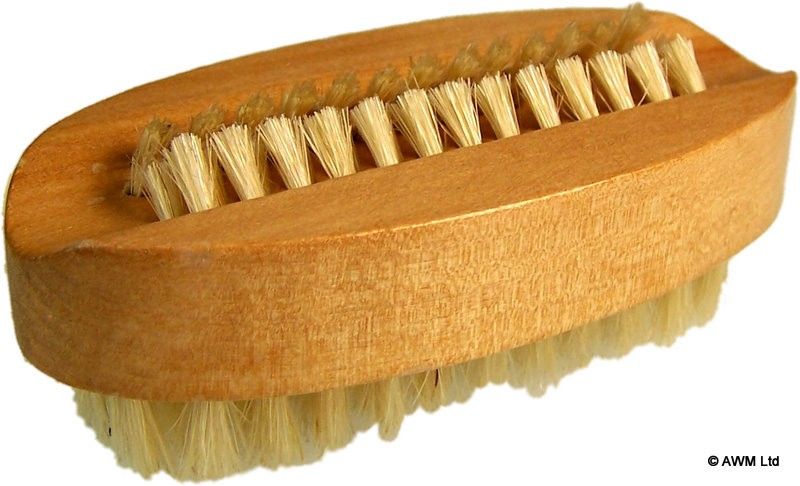 Traditional wooden nail brush with firm natural bristles for scrubbing hands and cleaning under finger nails.