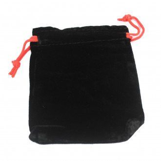 Small black velvet drawstring pouch with contrasting red cord on a plain background.