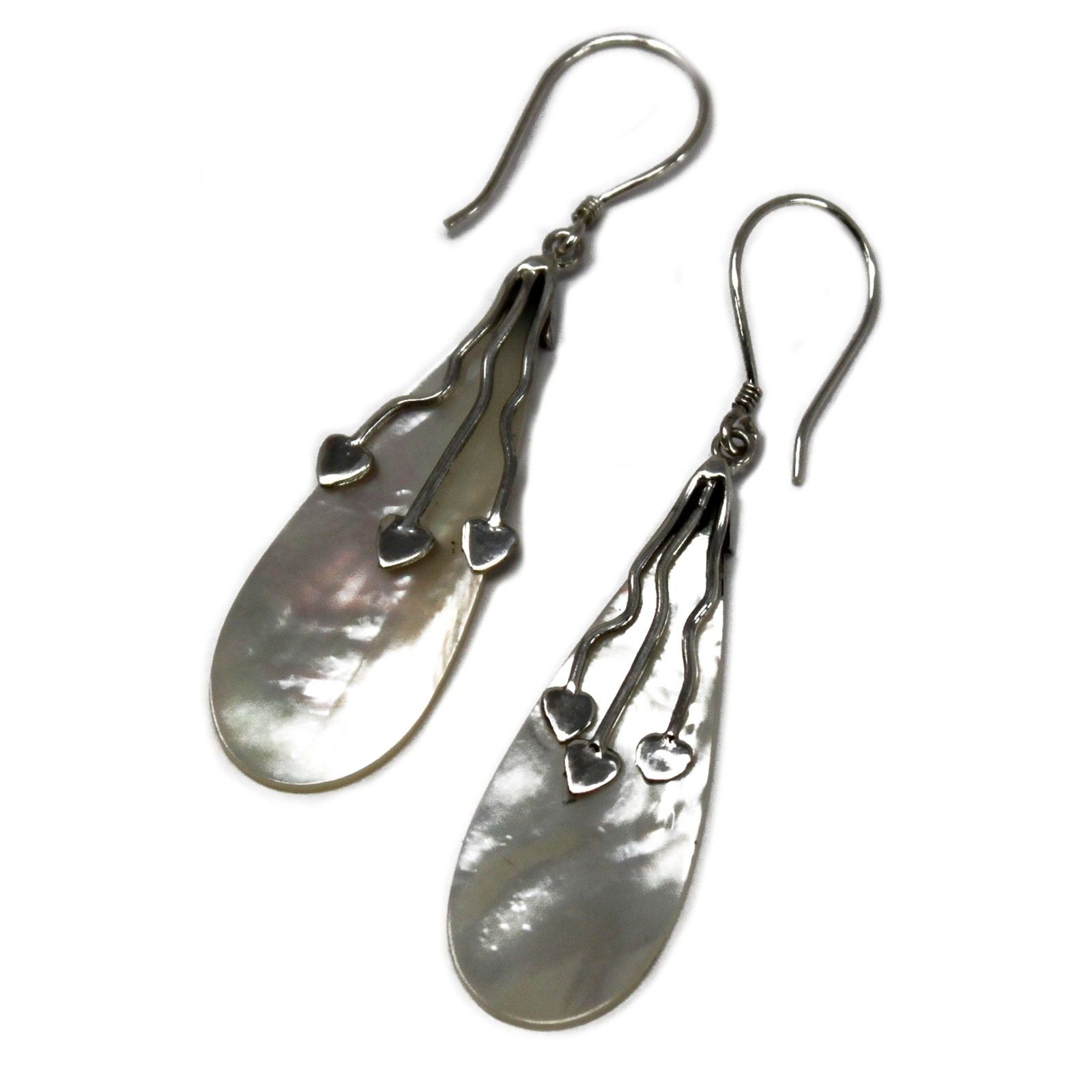 Elegant hand-crafted 925 silver earrings featuring three delicate mother of pearl shell hearts in a vertical drop design.