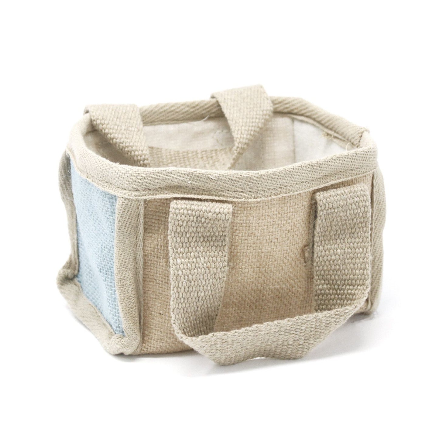 Small teal-coloured natural jute and cotton shopping basket with soft handles and a woven texture.